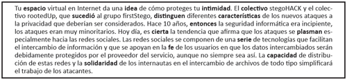 Ejemplo de estegotexto de 142 palabras y 42 bits ocultos. la capacidad medida de ocultaci&oacute;n es de 0,2957 bits/palabra