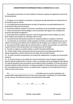 Documento de consentimiento para el ingreso en una Unidad de Agudos