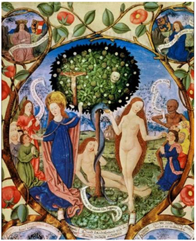 Medieval Scene, Berthold Furtmeyer: Baum des Todes und des Lebens, 1481 (depiction of both trees in a single one) (Cook, , 44)