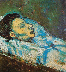Casagemas en su ata&uacute;d, Pablo Picasso. &Oacute;leo sobre cart&oacute;n. 1901. Colecci&oacute;n privada.