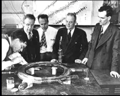 The team behind the first observation of man-made Synchrotron radiation at the GE laboratories: Left to Right: Robert Langmuir, Frank Elder, Anatole Gurewitsch, Ernest Charlton and Herb Pollock.