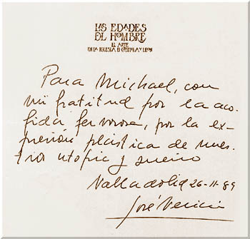 Dedicatoria de Jos&eacute; Velicia a Michael Reckling, 1980. http://www.catedral-valladolid.com/in-memoriam/jose-velicia/index.htm, consultado el 29 de abril de 2014