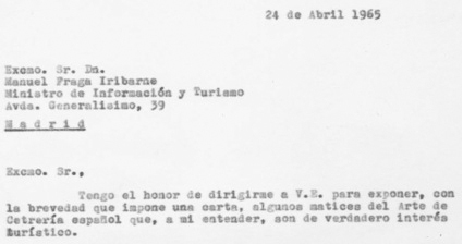 Detalle del comienzo de la carta que F&eacute;lix Rodr&iacute;guez de la Fuente escribi&oacute; a Manuel Fraga, Ministro de Informaci&oacute;n y Turismo, el 24 de abril de 1965