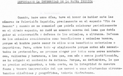  Detalle del comienzo del proyecto Defendamos la integridad de la fauna ib&eacute;rica, que F&eacute;lix Rodr&iacute;guez de la Fuente envi&oacute; a Carmelo Mart&iacute;nez, director de TeleRadio, el 13 de febrero de 1965
