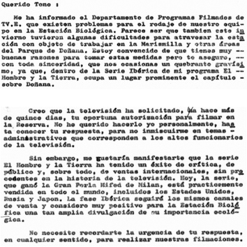 Fragmentos de la carta escrita por F&eacute;lix Rodr&iacute;guez de la Fuente a Jos&eacute; Antonio (Tono) Valverde, fechada el 25 de mayo de 1974