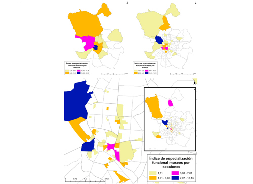 Especializaci&oacute;n funcional por distritos, barrios y secciones de Madrid en museos (&Iacute;ndice de Davies) en 2015