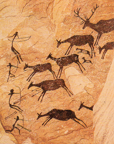 El arte post-paleolítico levantino nos ha legado imágenes muy plásticas para presumir como pudieron ser las batidas catastróficas de los rebaños de cérvidos. En la imagen, escena de caza pintada en el Barranco de la Valltorta (Castellón).