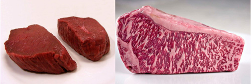 Aspecto de la carne de ciervo (izquierda) y la de Kobe (derecha).