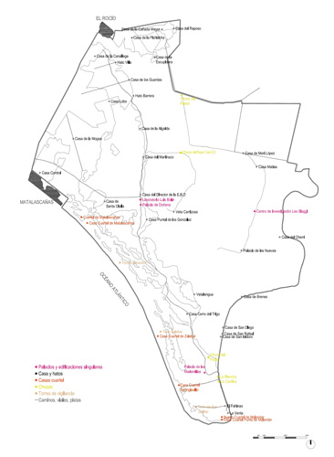 Mapa de análisis de implantación territorial. Edificaciones, red de caminos y límites de unidades paisajísticas