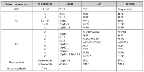Subtipos gen&eacute;ticos y genes implicados en la disqueratosis cong&eacute;nita