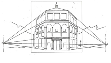 Reconstrucci&oacute;n diagram&aacute;tica de la demostraci&oacute;n perspectiva del baptisterio florentino de Brunelleschi