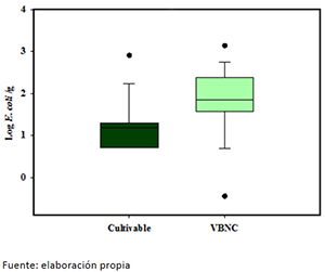 . Recuentos de <em>Escherichia coli</em> cultivable (recuento en placa) y de <em>Escherichia coli</em> VBNC (VBNC= c&eacute;lulas viables-c&eacute;lulas cultivables) en lechuga baby pigmentada regada con agua de superficie
