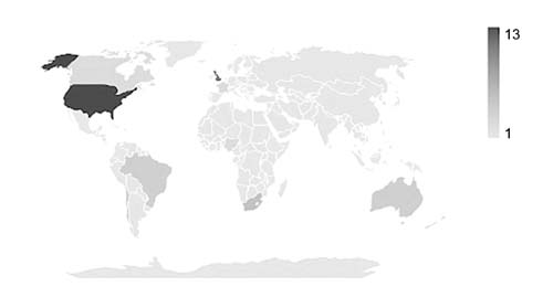 Mapa mundial con un gradiente de color que destaca principalmente a Estados Unidos con la intensidad más alta y otros países con menor intensidad.

Descripción generada con IA