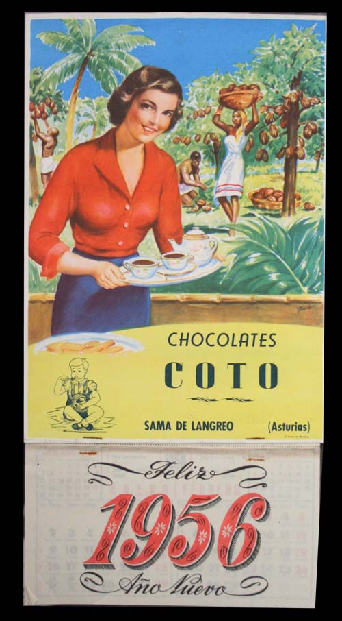 Persona con camisa roja y falda azul sosteniendo una bandeja con tazas de chocolate en un entorno de plantación con otras personas trabajando y texto que promociona chocolates Coto y un saludo de Año Nuevo de 1956.

Descripción generada con IA