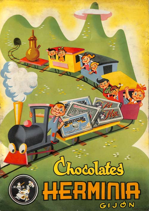 Un tren de juguete con vagones llenos de cajas de chocolates y niños sonrientes vestidos con ropa colorida circula por un paisaje verde con montañas y un cielo amarillo.

Descripción generada con IA