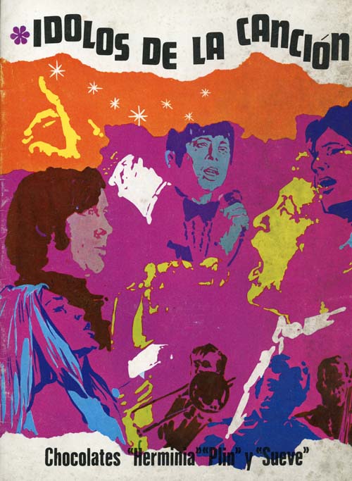 Cartel colorido con ilustraciones estilizadas de personas cantando y tocando instrumentos musicales acompañado del texto "Ídolos de la canción" y promoción de chocolates Herminia "Pini y Sueve".

Descripción generada con IA