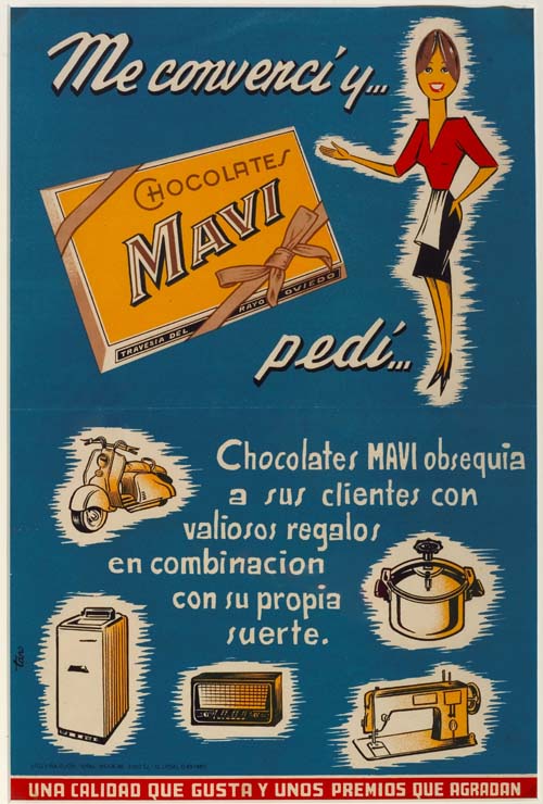 Anuncio vintage con fondo azul que muestra una barra de chocolate Mavi y una persona con ropa de estilo años 50 junto a ilustraciones de electrodomésticos y texto promocionando regalos valiosos para clientes.

Descripción generada con IA