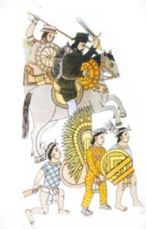 Personas vestidas con atuendos históricos y armaduras, algunas montando caballos y otras portando escudos y armas, en una ilustración de estilo antiguo.

Descripción generada con IA