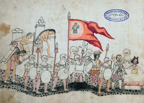 Representación histórica en estilo códice con personas vestidas con armaduras y ropa tradicional, algunas montando caballos y portando estandartes rojos con un águila, en una escena de encuentro o ceremonia.

Descripción generada con IA