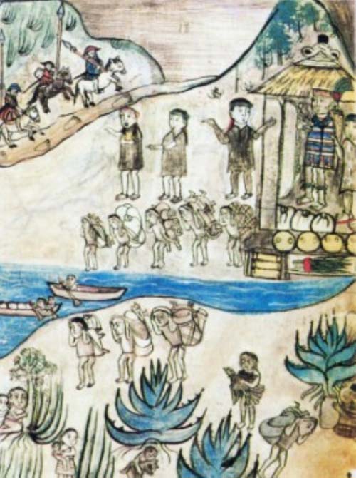 Escena pintada al estilo antiguo que muestra personas con vestimenta tradicional realizando actividades como cargar objetos, montar a caballo y estar reunidas cerca de un río con plantas grandes y una estructura con techo de paja.

Descripción generada con IA