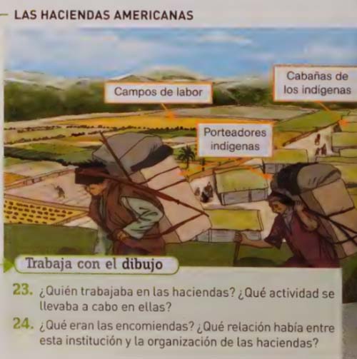 Personas indígenas cargan grandes fardos en la espalda mientras trabajan en campos de labor cerca de cabañas en una hacienda americana representada en un dibujo educativo.

Descripción generada con IA