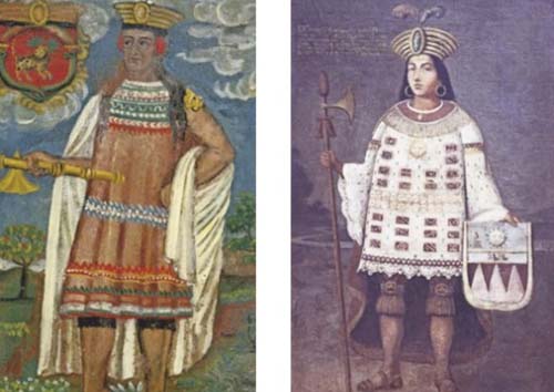 Dos personas vestidas con trajes tradicionales y tocados elaborados, una sostiene un cetro dorado y la otra un estandarte y un bastón, en un estilo pictórico histórico.

Descripción generada con IA